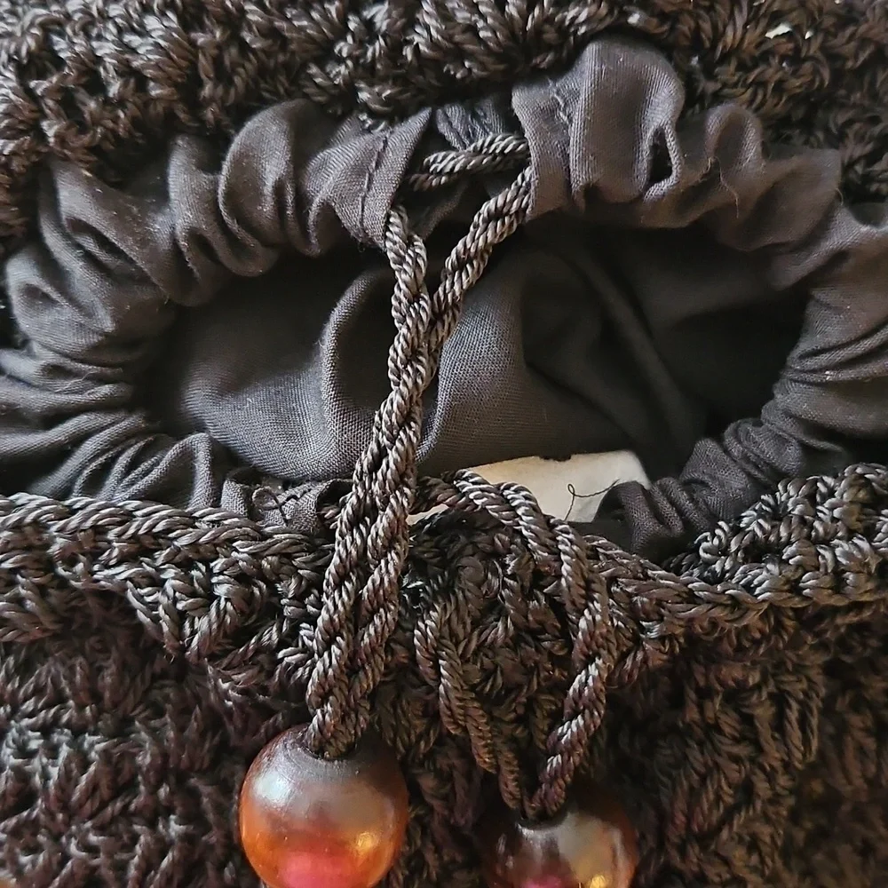 Vintage Black Crochet Drawstring Nap Sack Hobo Festival Bag with Coin Pouch